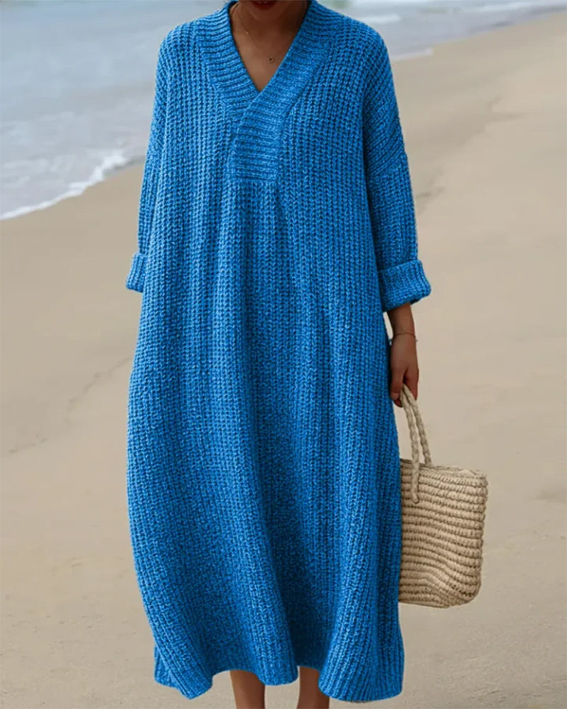V-Neck Loose Solid Color Sweater Dress