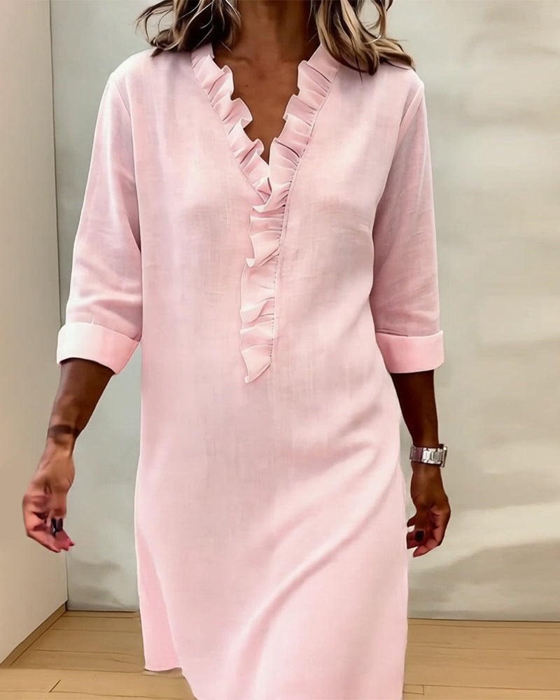 Ruffled V-Neck Solid Color Dress