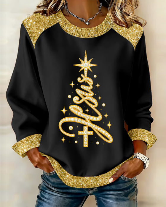 Printed Christmas Tree Crew Neck Sweatshirt