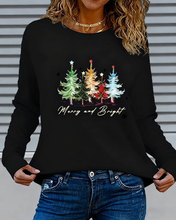 Long-Sleeved Crew Neck Christmas Tree Print Top