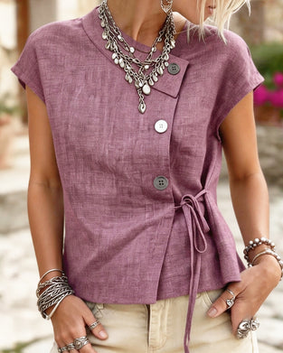 Asymmetrical Neck Tie Button Blouse