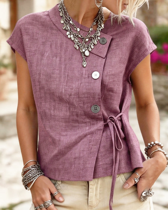 Asymmetrical Neck Tie Button Blouse