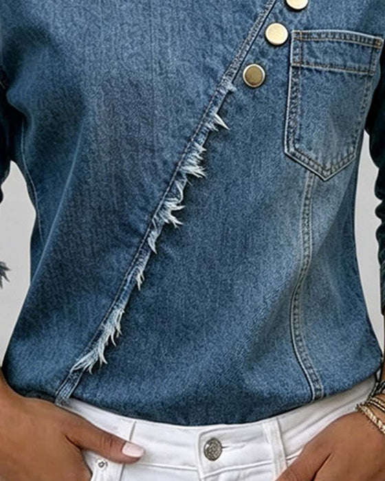 Denim Slant Collar Long Sleeve Blouse