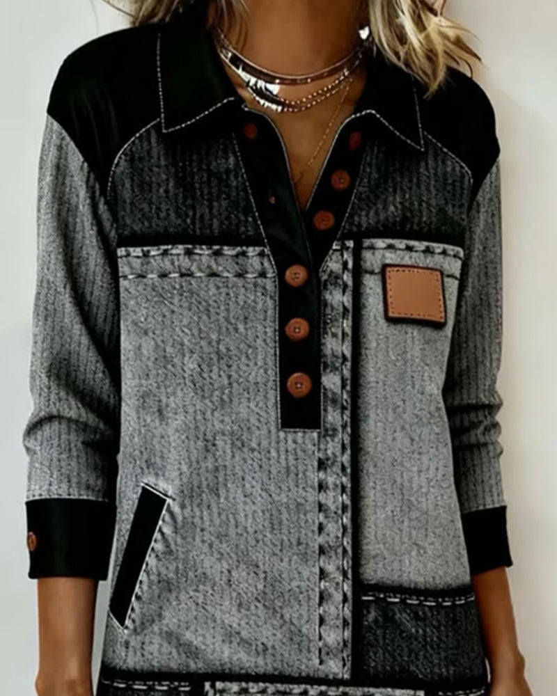 Button Lapel V-Neck Color Block Fashion Dress