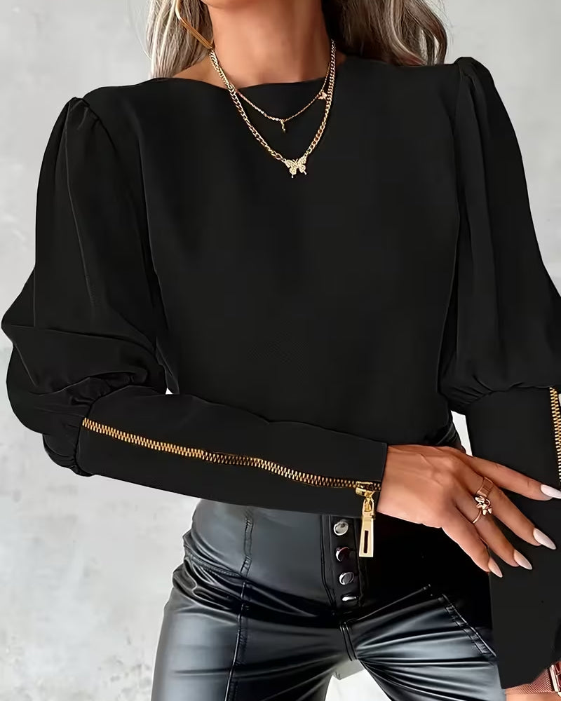 Zipper Puff Sleeve Blouse