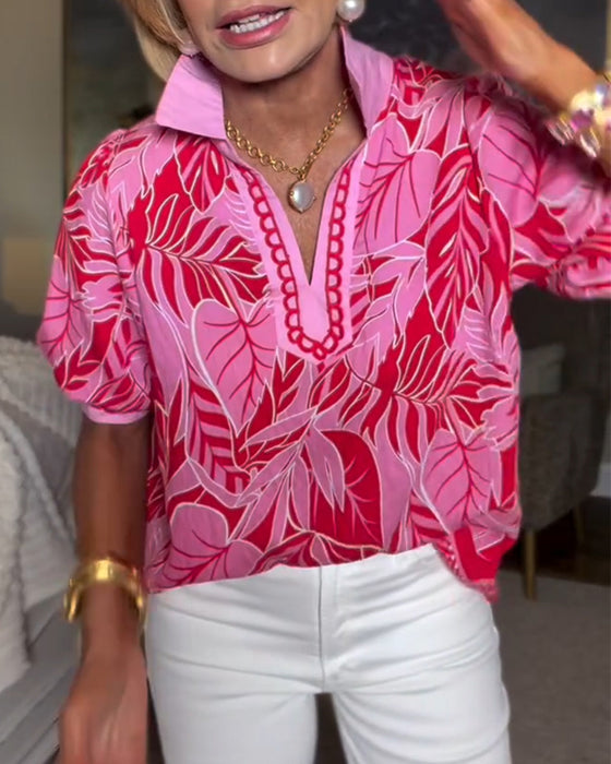 Puff Sleeve Print Peter Pan Collar Shirt