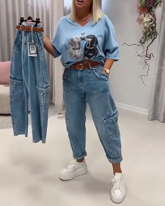 High Waist Cargo Style Jeans