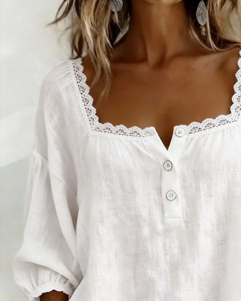 Square Neck Lace Puff Sleeve Blouse