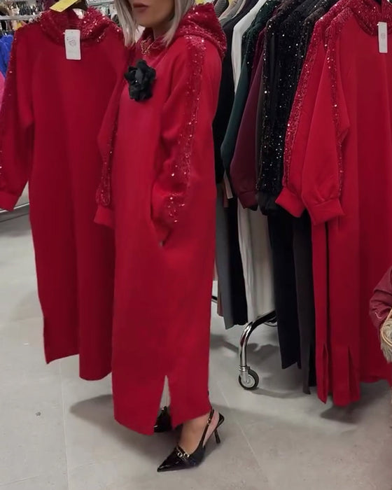 Hooded Sequin Patchwork Long Dress