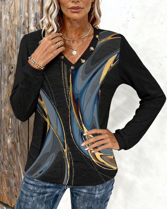 Printed V-Neck Long-Sleeved Casual Top