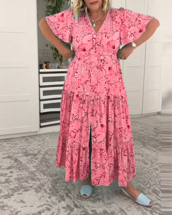 Short-sleeved pocket printed dress