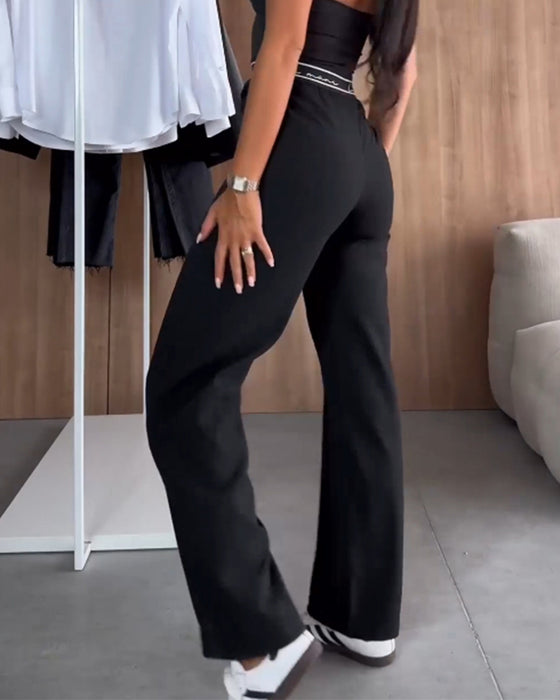 Casual solid color zipper pocket straight pants