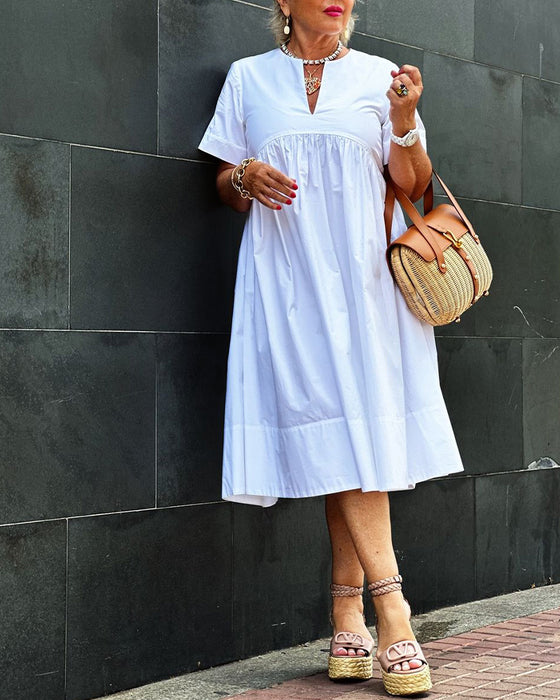 Patchwork short-sleeved solid color pleated dress