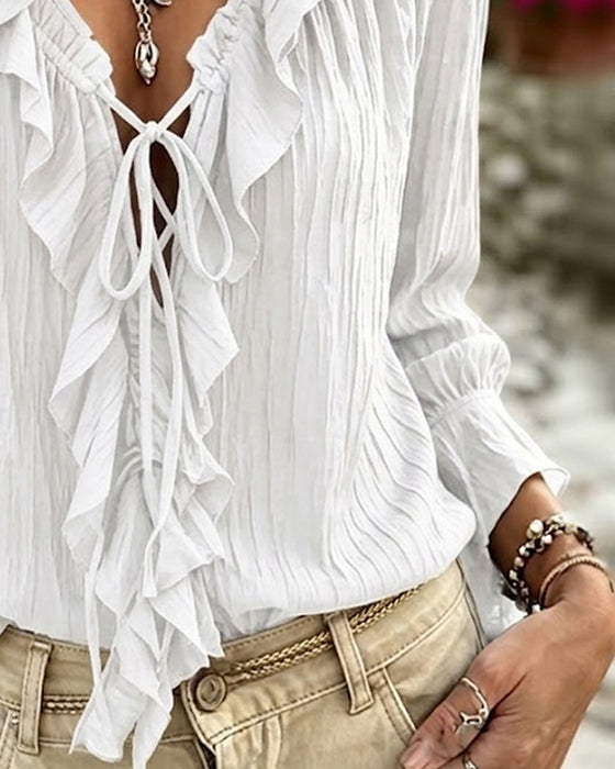 Ruffle Trim Lace-Up Long Sleeve Blouse