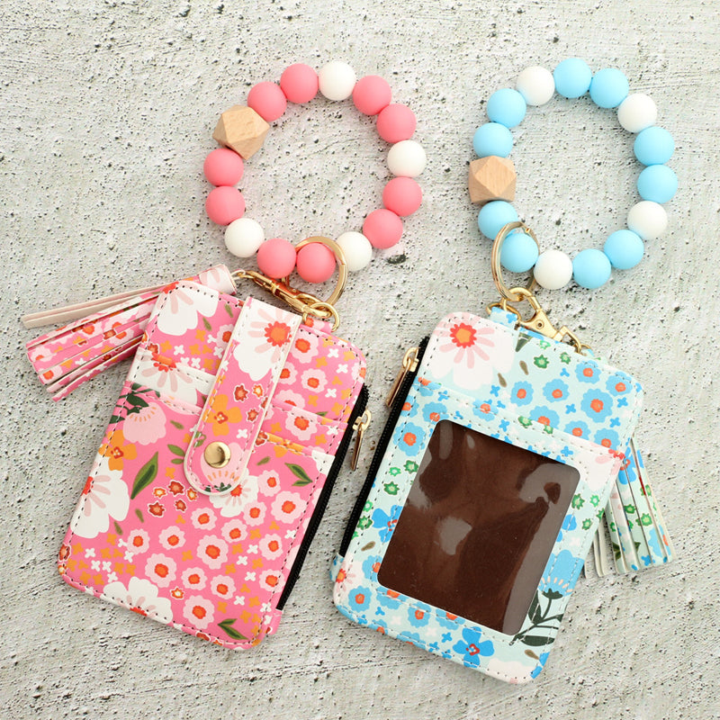 Floral Leather Small Wallet With Keychain And Bracelet