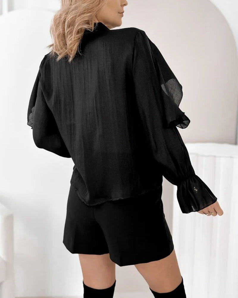 Solid Color Ruffled V-Neck Blouse