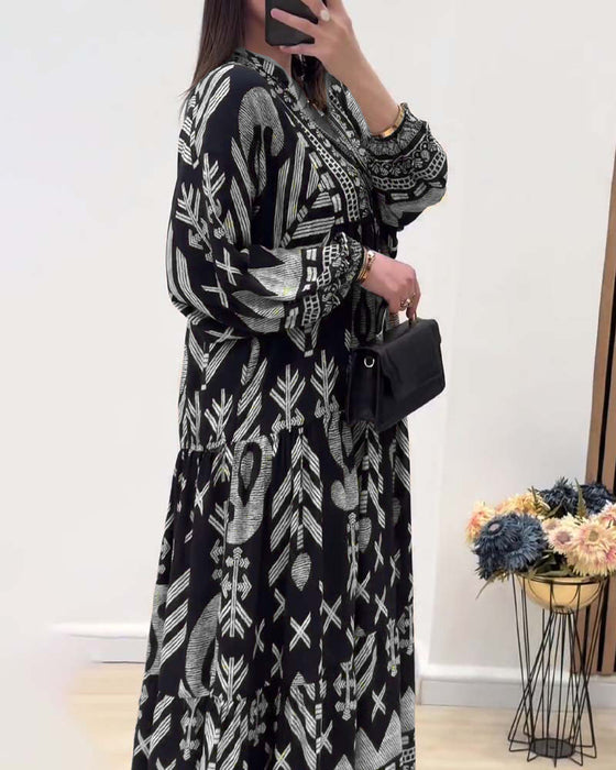 V-neck long-sleeved printed dress