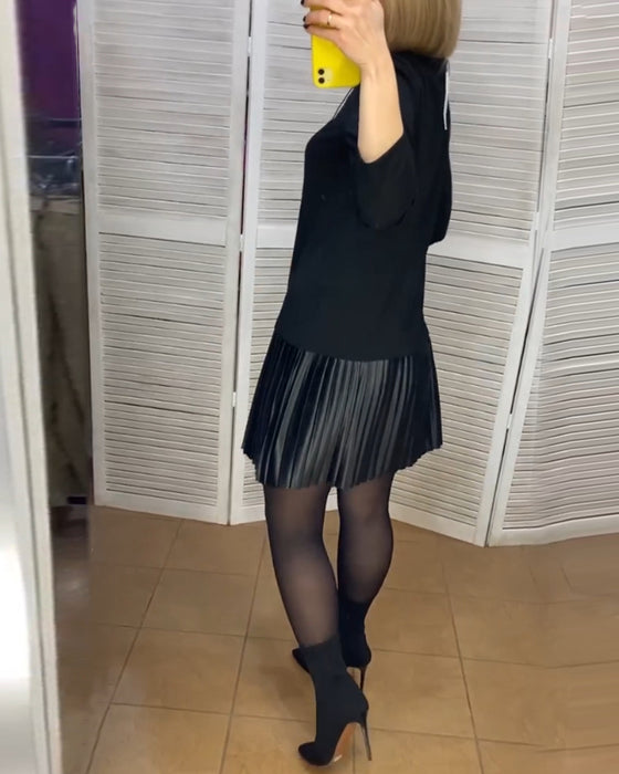 Pleated patchwork solid color dress