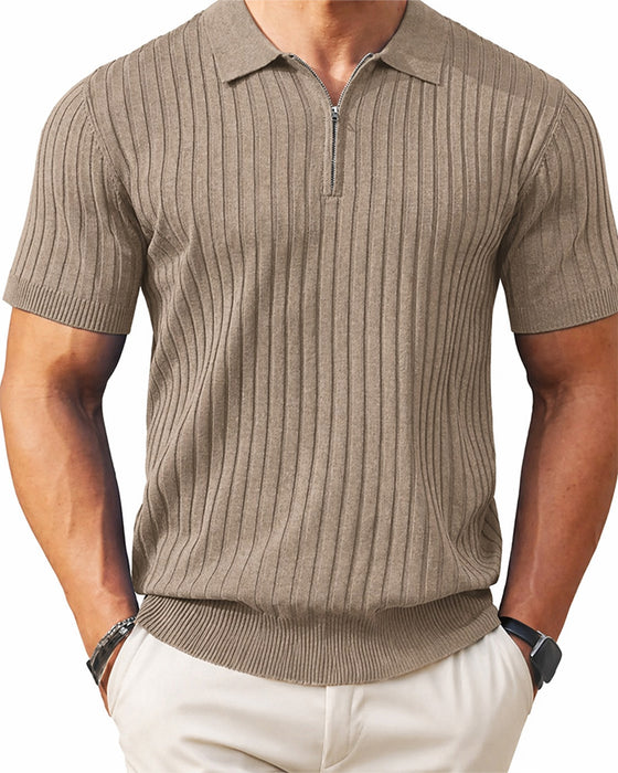 Men's Zipper Short Sleeve Ribbed Knit Polo T Shirts Golf Shirts