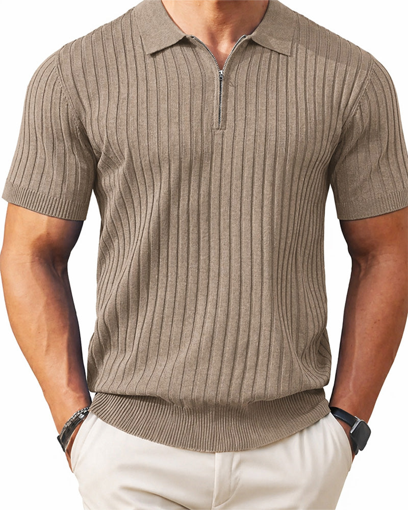 Men's Zipper Short Sleeve Ribbed Knit Polo T Shirts Golf Shirts