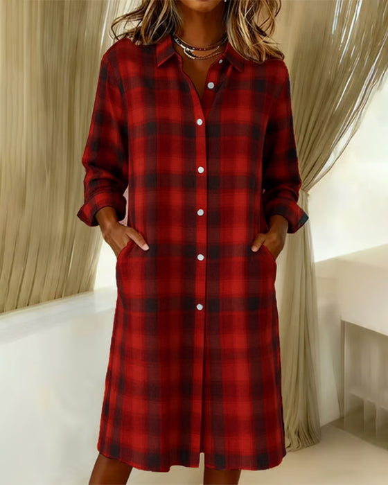 Lapel Plaid Button-Down Shirt Dress