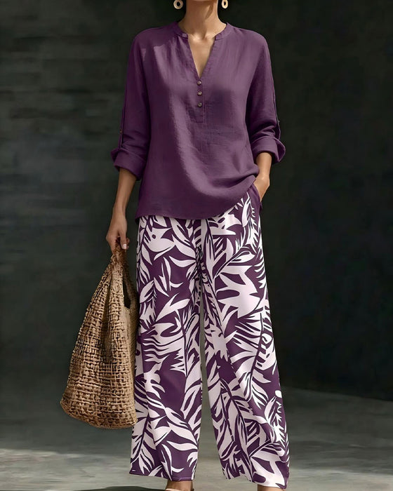 Button-Up Shirt With Printed Wide-Leg Pants Set