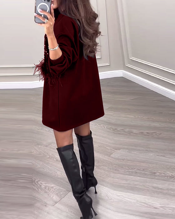 Fashion solid color sequin feather patchwork dress