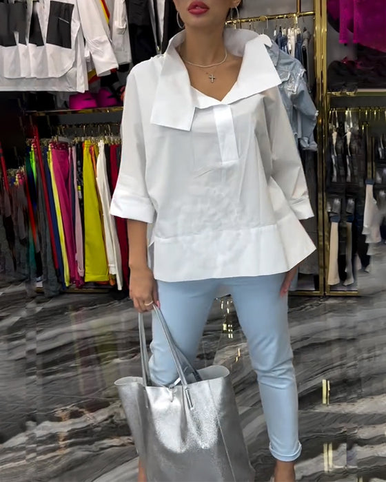 Lapel lace stitching flower blouse