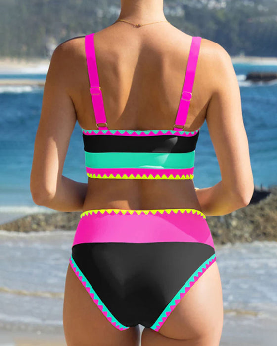 Stylish Color-Blocked Three-Piece Swimsuit