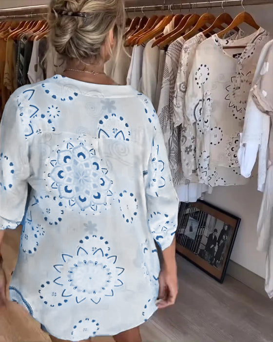 Versatile V-Neck Printed Half Sleeves Blouse