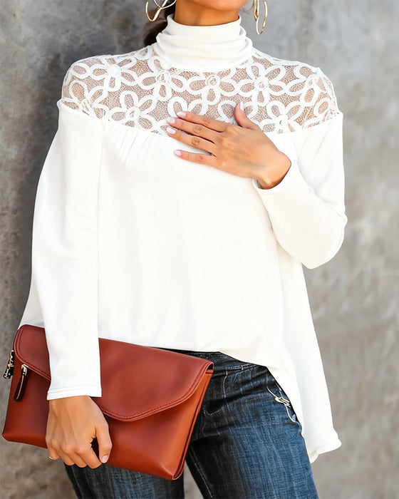 Turtleneck Lace Sheer Knit Top