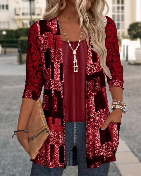 Faux Two-Piece Printed Long-Sleeved Blouse