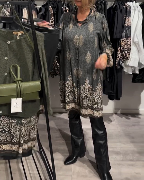 Lapel button-down vintage print dress