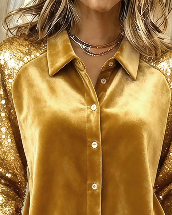 Lapel Sequined Long-Sleeved Shirt