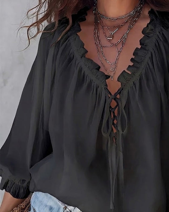 V-neck Lace Up Blouse