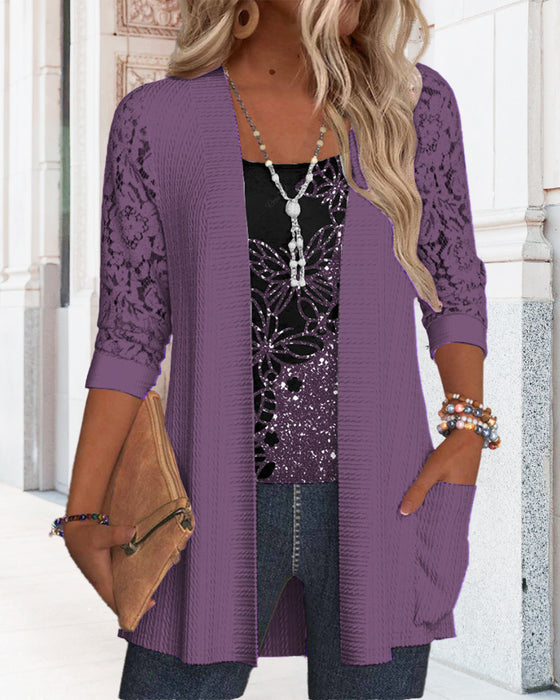 Casual butterfly lace patchwork pocket top