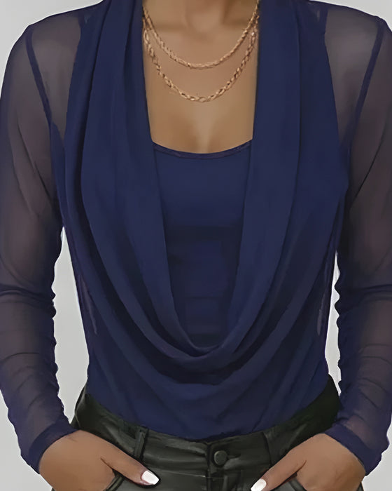 Mesh Layered Cowl Neck Long Sleeve Two-Piece Set