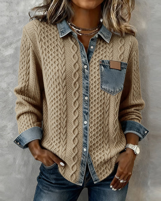 Long-Sleeved Denim Patchwork Shirt
