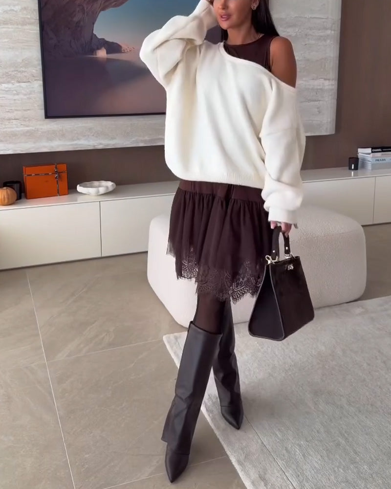 Off-Shoulder Loose Jumper & Lace Hem Dress