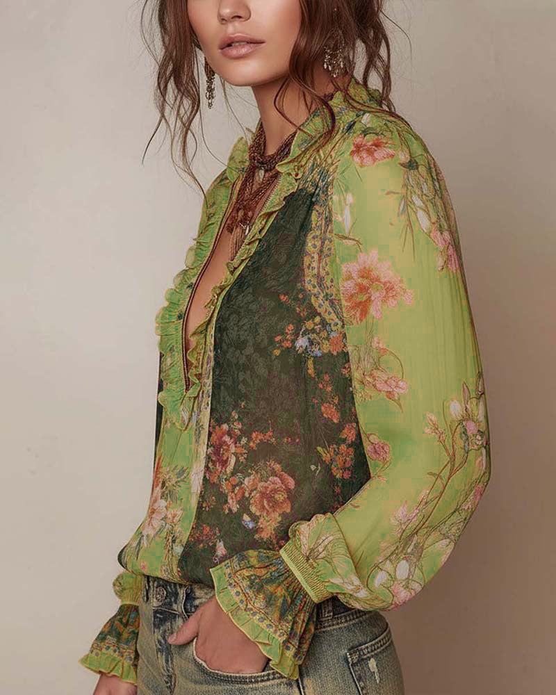 Half-Zip Floral Print Blouse