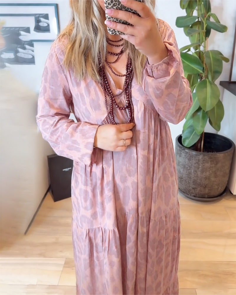 V-Neck Leopard Print Fashion Maxi Dress