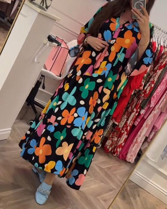 Colorful floral print bell sleeve casual dress