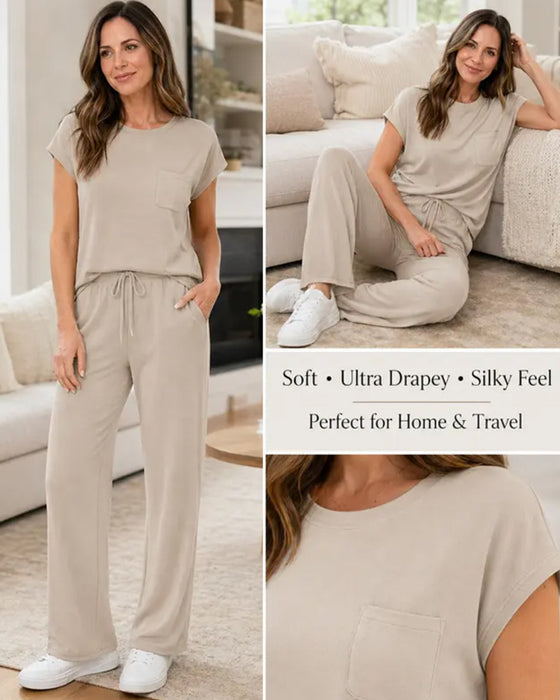 Solid Color Short Sleeve and Long Pants Set