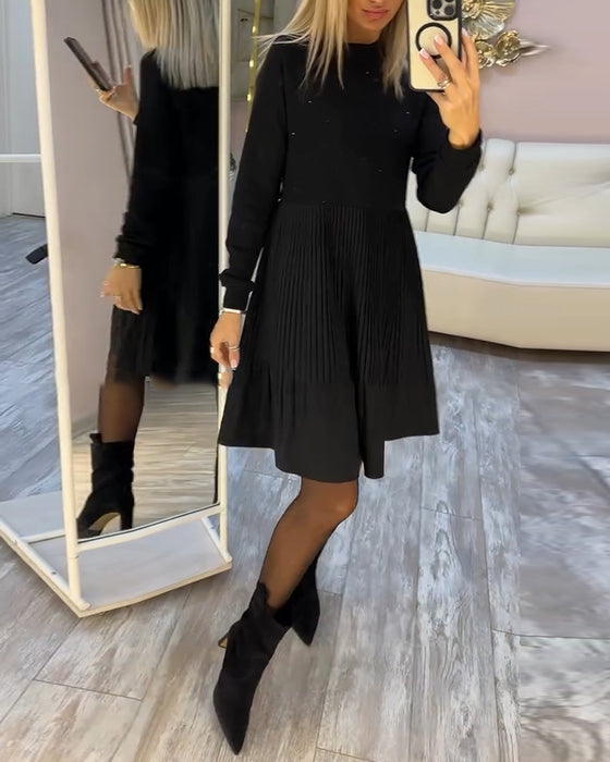 Long-Sleeved Rhinestone Pleated Dress