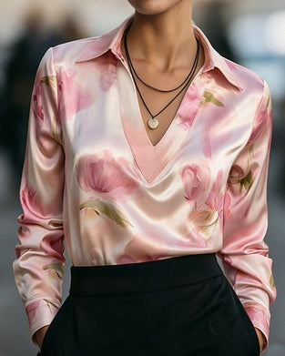 Lapel V-Neck Floral Print Long Sleeve Blouse
