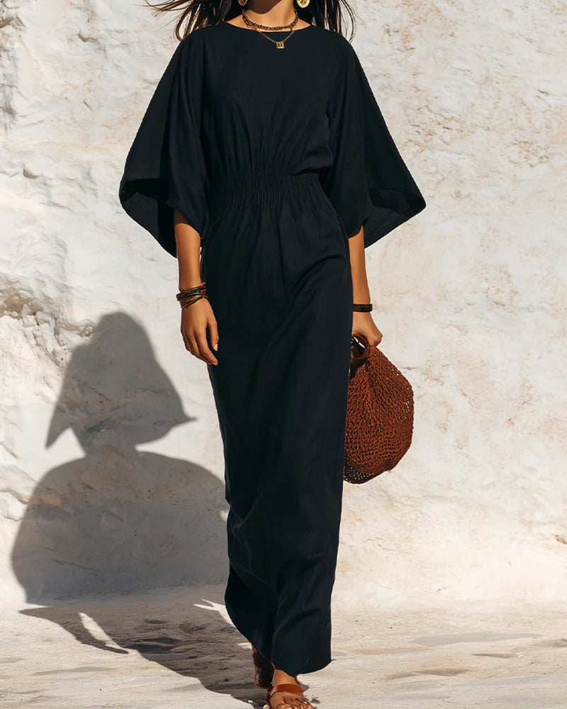 Flared Batwing Sleeve Fitted Waist Long Dress
