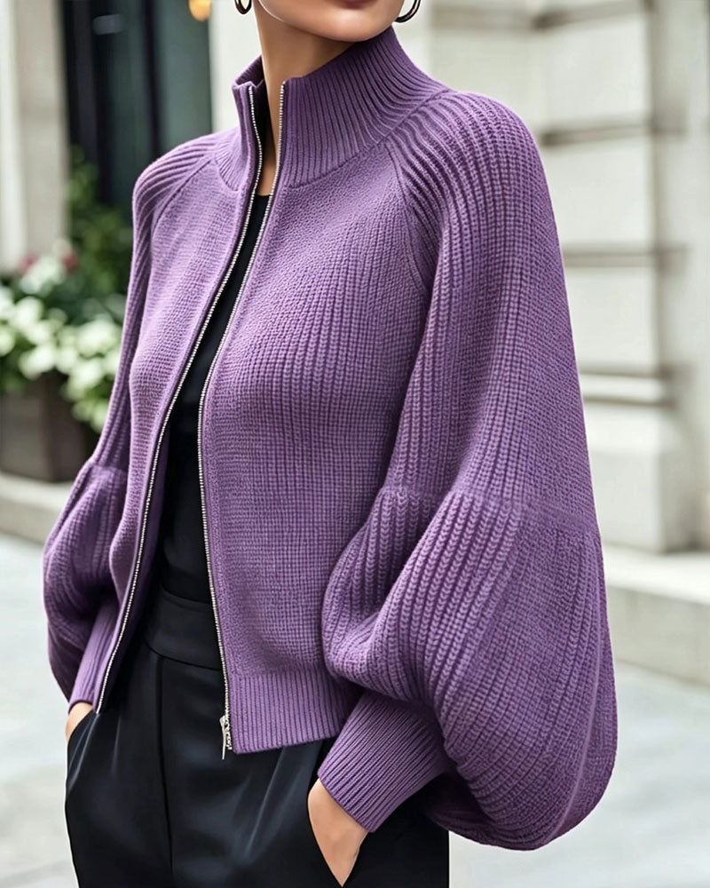 Stand-Collar Zipper Lantern Sleeve Coat