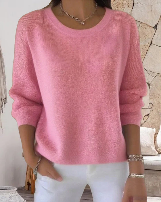 Solid Round Neck Drop Shoulder Jumper