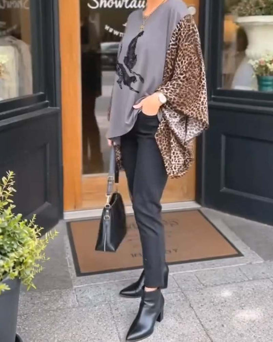 Cheetah Print Patchwork-Sleeve Top