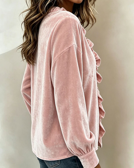 V-Neck Ruffle Solid Blouse